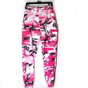 Missguided high waist zip fly elastic cuff, pink cotton camo cargo, pock…
